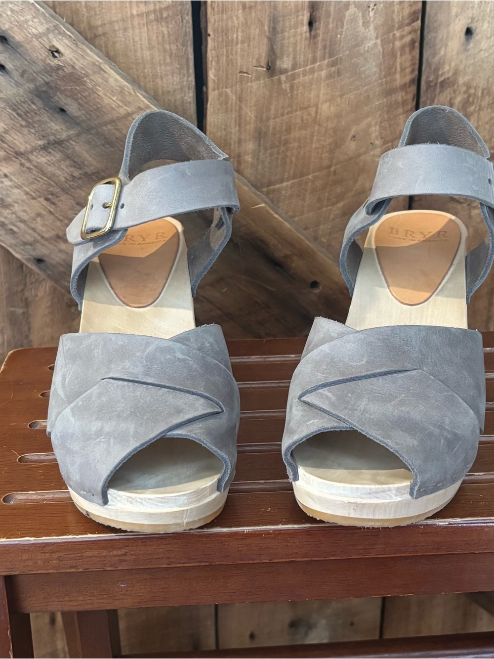 Bryr Gray Suede Peep-Toe Wedge Sandals with Ankle Strap